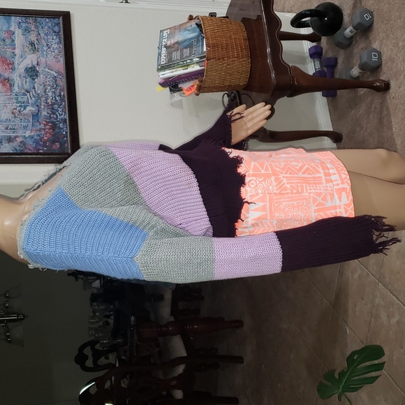 Forever 21 m fringe hem oversized open knit striped sweater vneck lilac cropped - Picture 3 of 8
